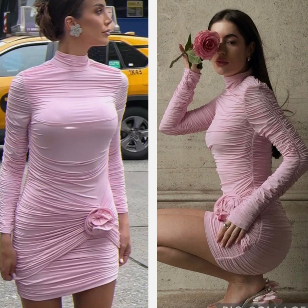 HM Magda Butrym x H&M Rose-Appliqued Turtleneck Mini Dress Light Pink Size S
